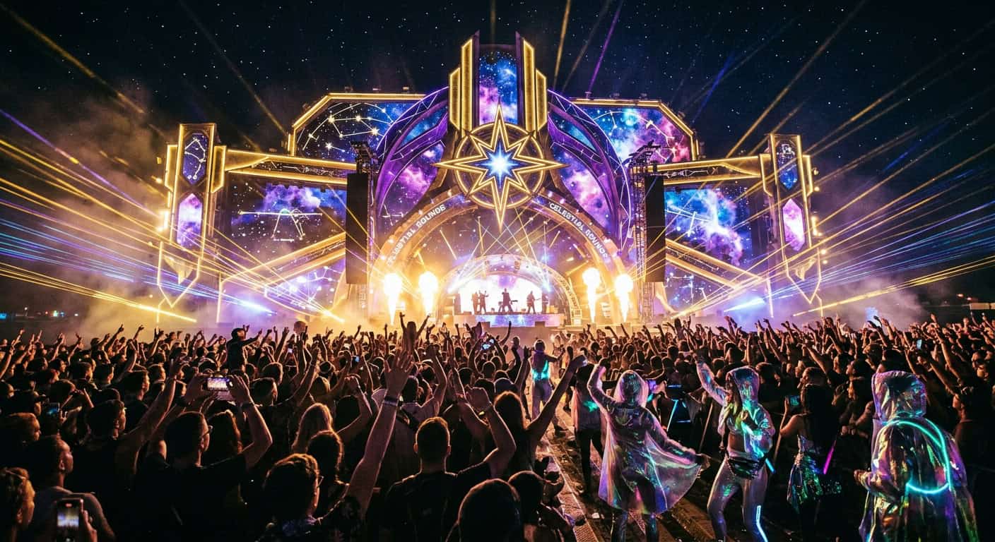 Large crowd at Celestial Sounds music festival facing a space-themed stage with lasers and pyrotechnics