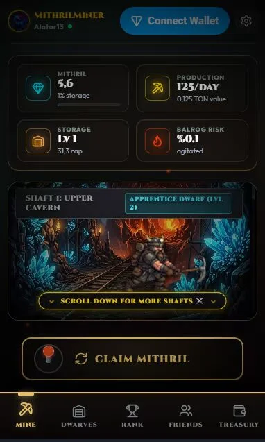 Mithril Miner gameplay screenshot 1 – Idle crypto game on TON