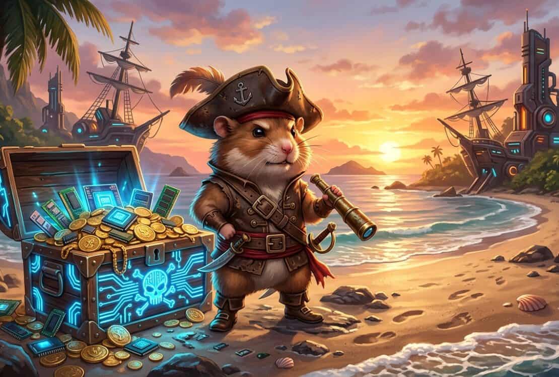 Pirate hamster on a beach with a glowing treasure chest containing gold coins and computer hardware