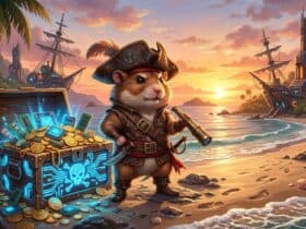 Pirate hamster on a beach with a glowing treasure chest containing gold coins and computer hardware