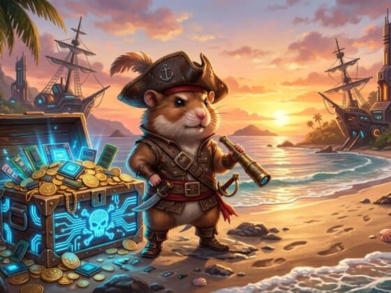 Pirate hamster on a beach with a glowing treasure chest containing gold coins and computer hardware