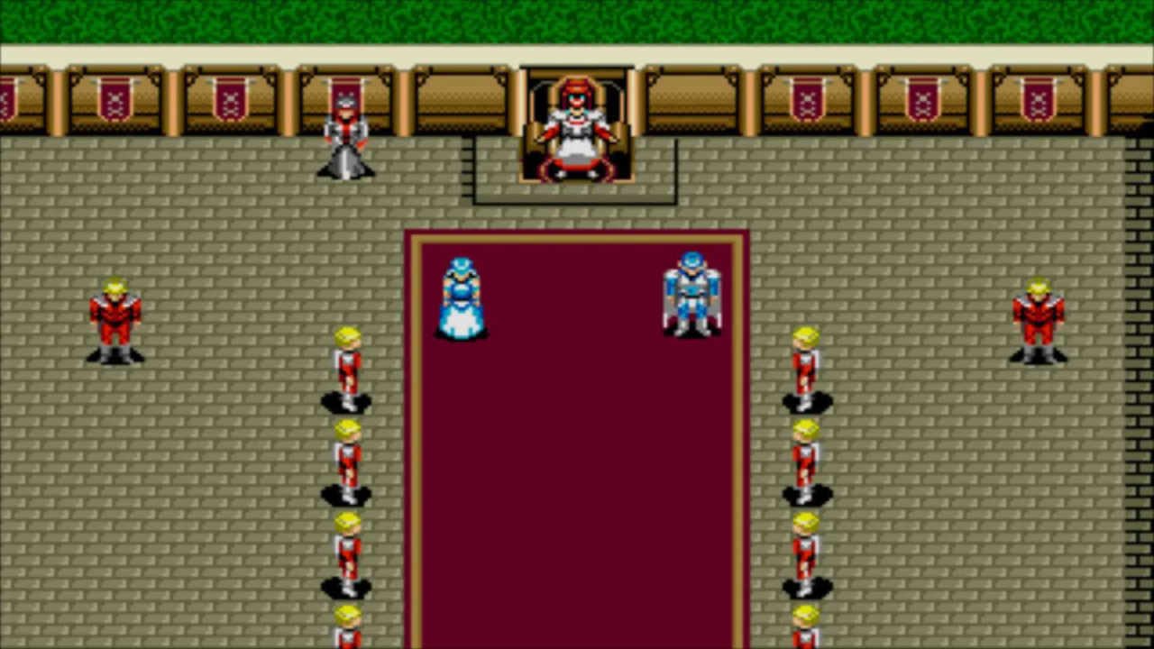 Characters are in a castle in Phantasy Star 3.