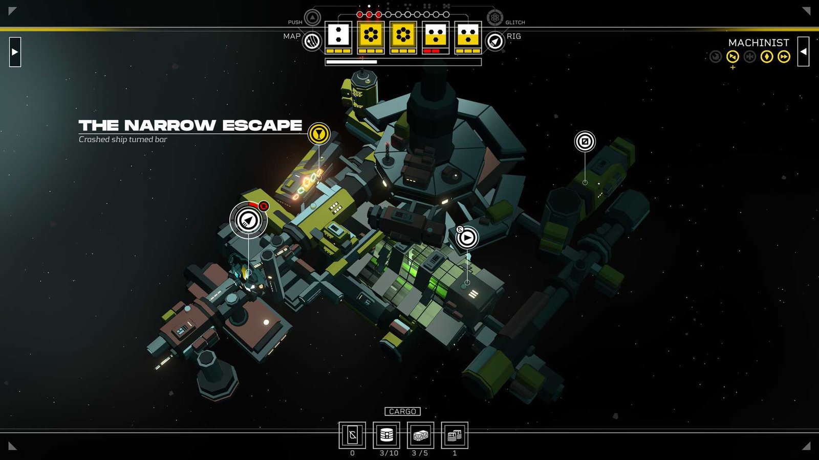 Citizen Sleeper 2 gameplay screenshot showing a space station. A "Crashed ship turned bar" called The Narrow Escape is highlighted.
