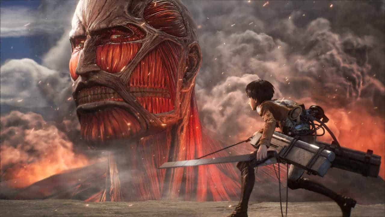 Eren Yeager running near a titan in Attack on Titan 3.