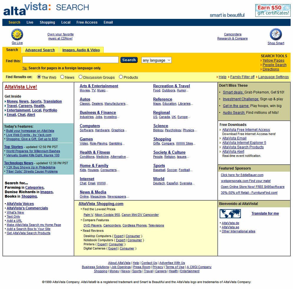 A dense page of hyperlinks and text with a search bar near the top
