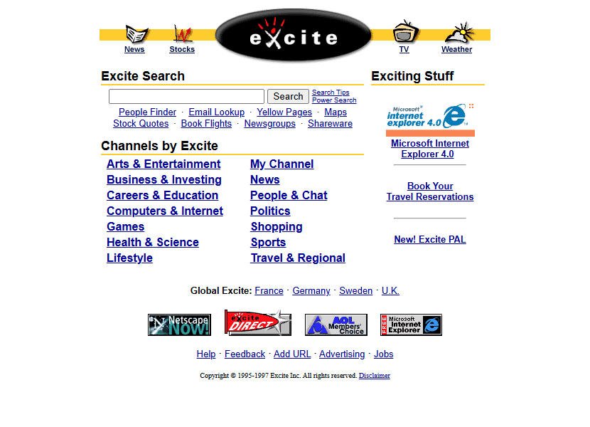 The classic Excite logo tops a web page of blue links