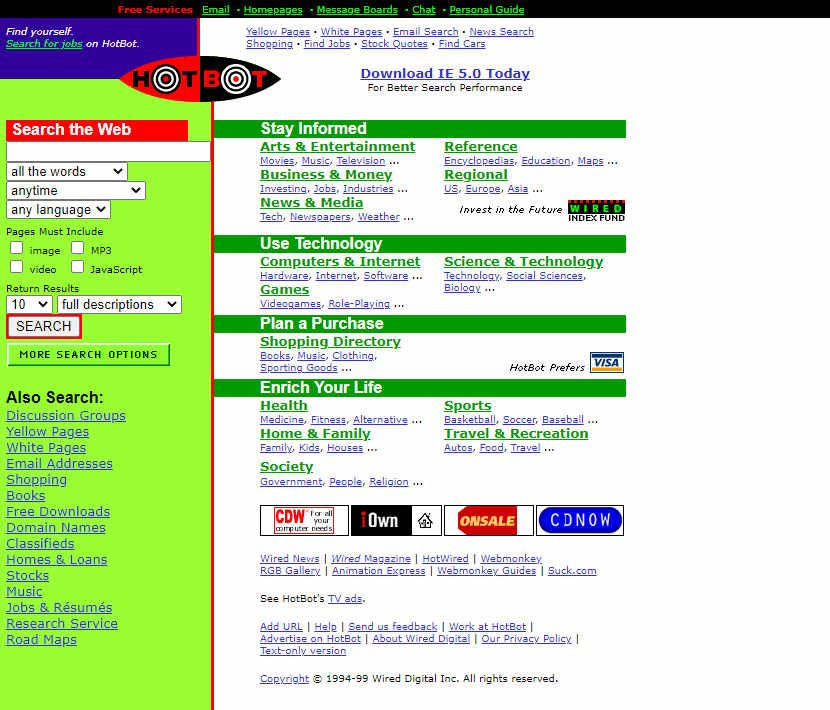 A mostly green old-fashioned website with left-hand navigation