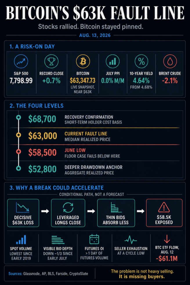 Infographic comparing the S&P 500 record close with Bitcoin near $63,000 and mapping $68,700, $63,000, $58,500 and $52,800 levels with liquidity risks.