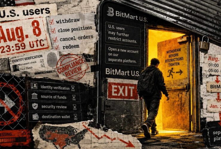 bitmarts aug 8 u s cutoff lands weeks before the global trading halt and late withdrawals risk being locked in The date that actually matters for BitMart customers covered by its U.S. rules is Aug. 8 at 23:59 UTC — a full 18 days ahead of the Aug. 26 global trading halt that has absorbed most of the attention.