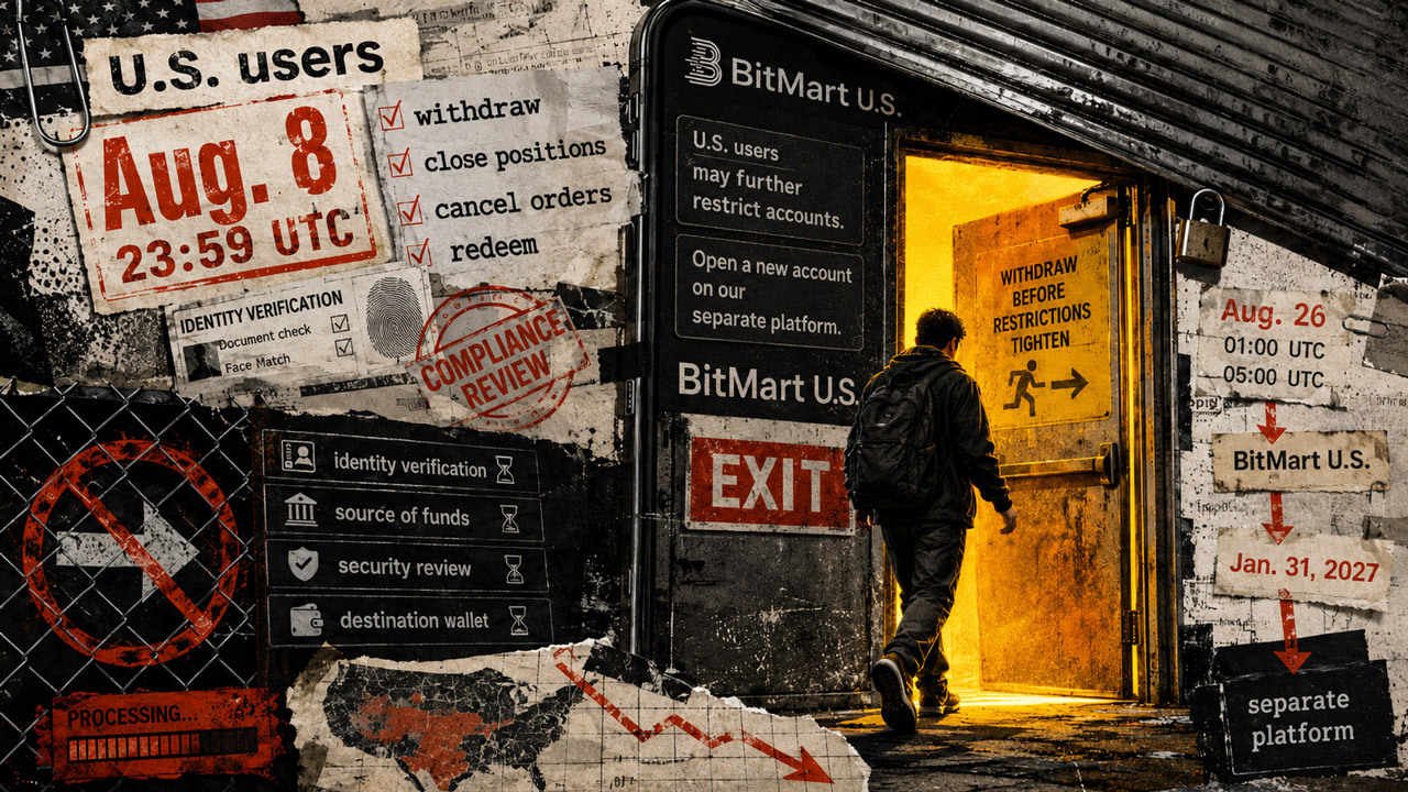 bitmarts aug 8 u s cutoff lands weeks before the global trading halt and late withdrawals risk being locked in The date that actually matters for BitMart customers covered by its U.S. rules is Aug. 8 at 23:59 UTC — a full 18 days ahead of the Aug. 26 global trading halt that has absorbed most of the attention.