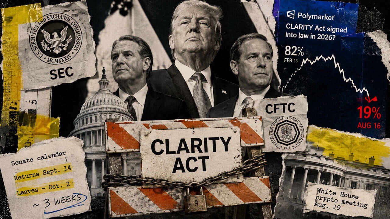 CLARITY Act's odds slide to 10% as Trump hosts Coinbase, Ripple and Wall Street exchanges 25 clarity acts odds slide to 10 as trump hosts coinbase ripple and wall street Polymarket traders in February put the Digital Asset Market Clarity Act's chances of being signed into law at 82%. By Saturday, those odds had slumped to roughly 19%.