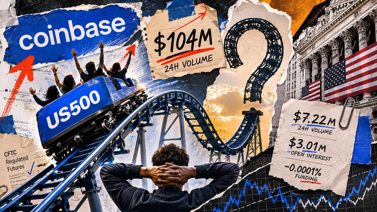 Mixed-media collage turns US500 into a rollercoaster racing from a $104M launch spike toward an uncertain loop of future demand.