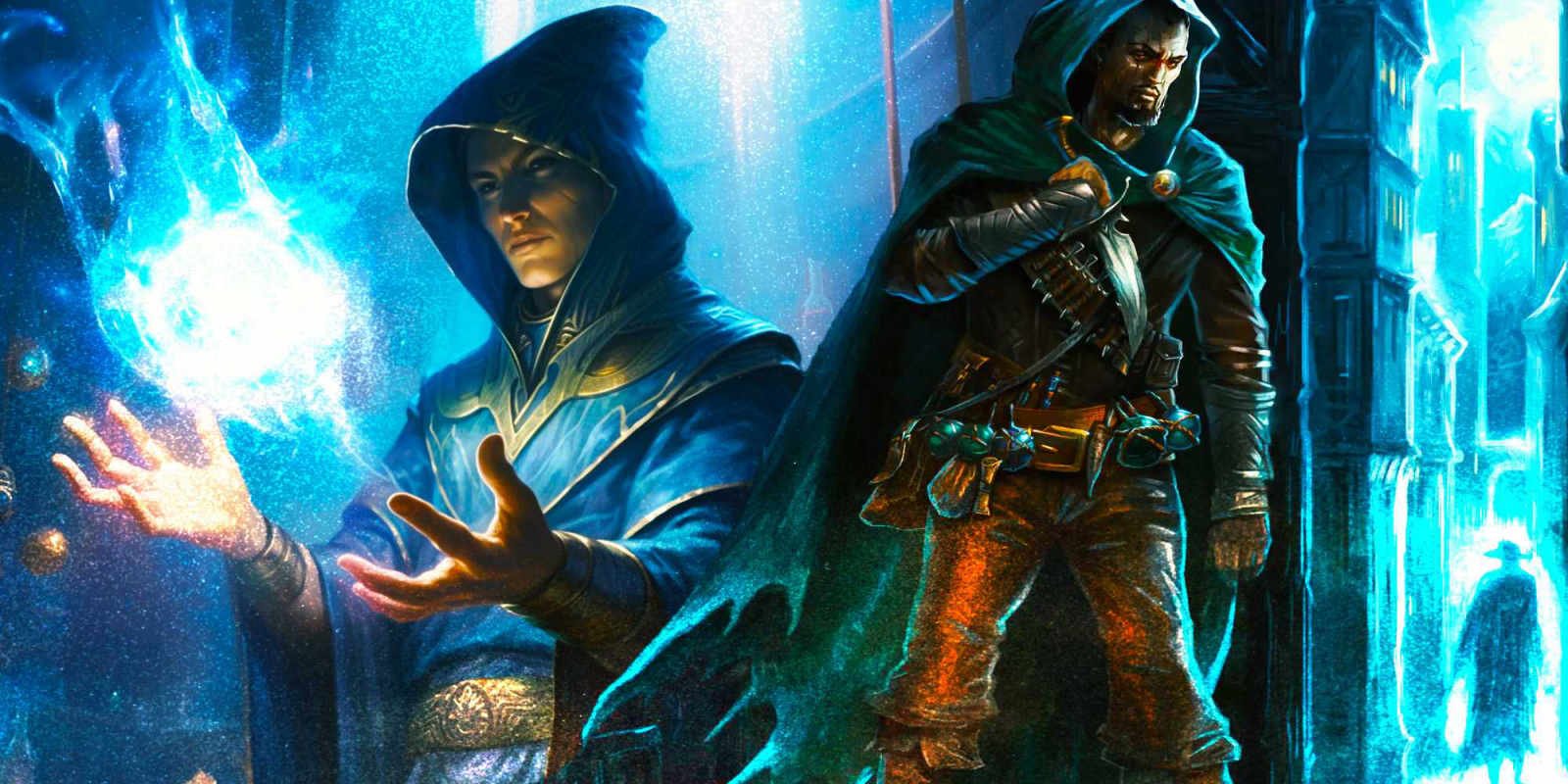 A wizard wearing a blue robe and casting a spell that summons a blue light between their hands, and a hooded rogue standing around a corner clutching a dagger in official art from Dungeons &amp; Dragons.