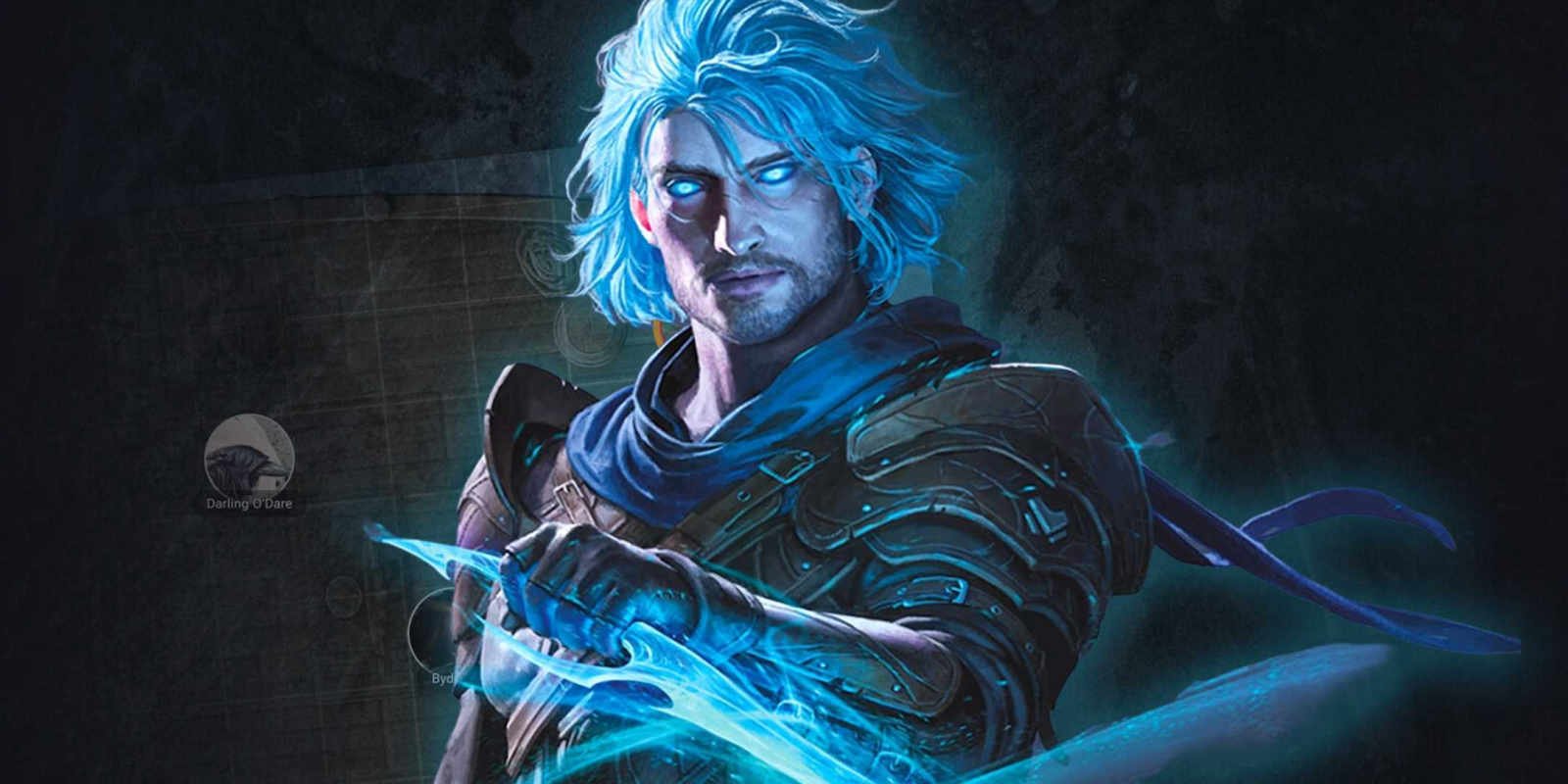 A rogue from Dungeons &amp; Dragons in front of a battle map in D&amp;D Beyond.