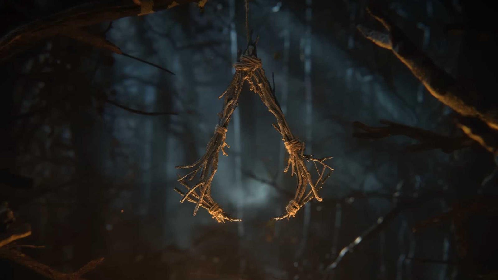 Several hanged twigs compose the Assassin's Creed logo in the Codename Hexe trailer.