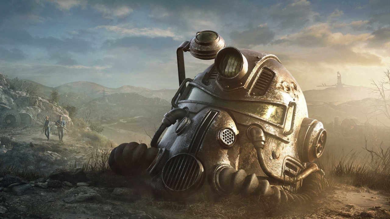 Fallout 76 art with a power armor helmet on the ground
