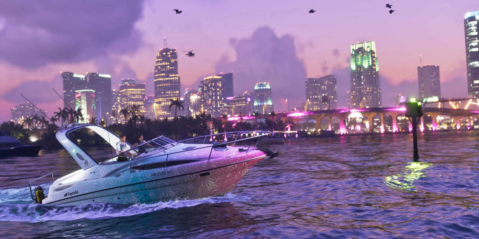 Jason and Lucia control a boat in Vice City in GTA 6.