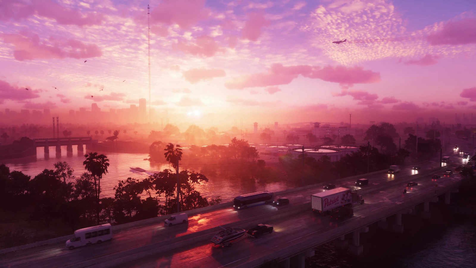 a sun low on the horizon casts a purple glow over Vice City in Grand Theft Auto 6, as cars cross a causeway in the foreground