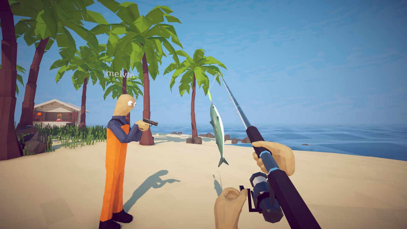 The player holding a fishing rod next to another player holding a gun in How to Fish.