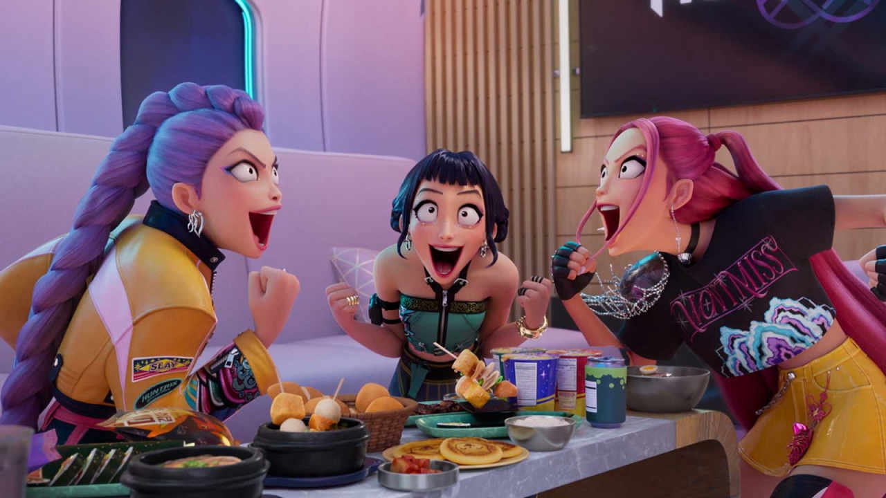Rumi Zoey and Mira excited and with lots of food in KPop Demon Hunters