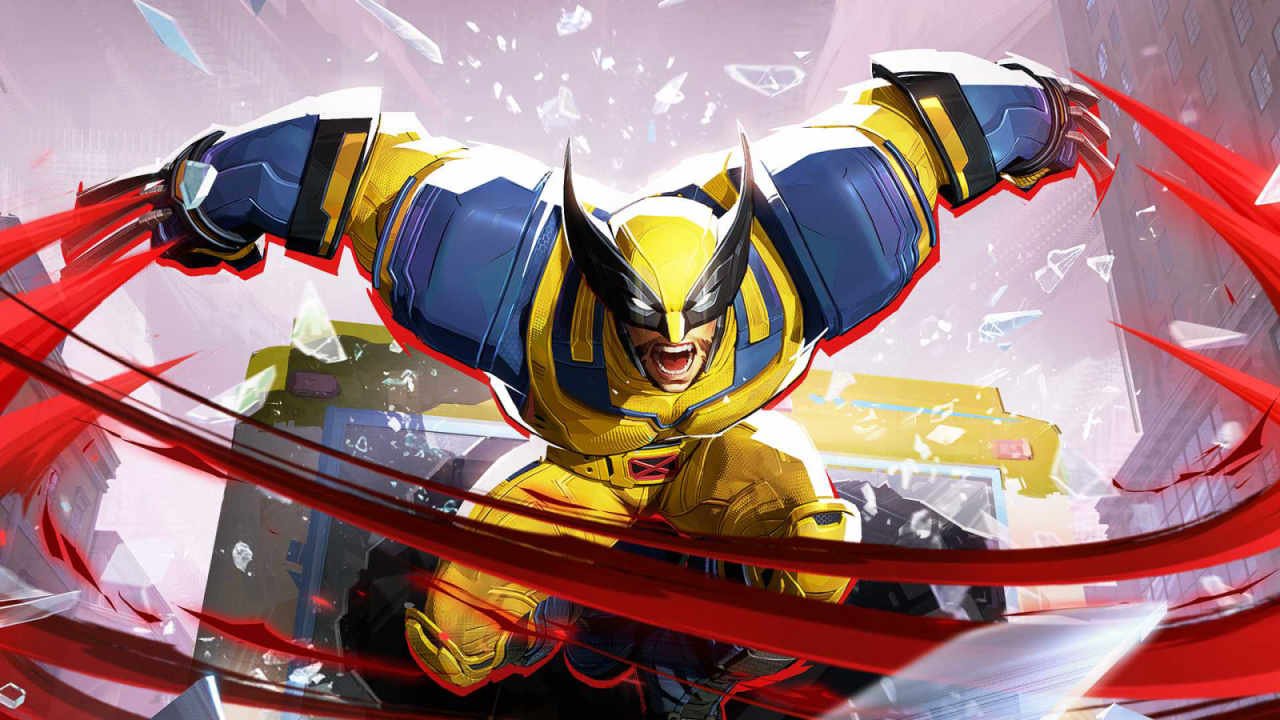 Superhero wolverine in his classic yellow and blue suit leaps through a window and slashes with his claws