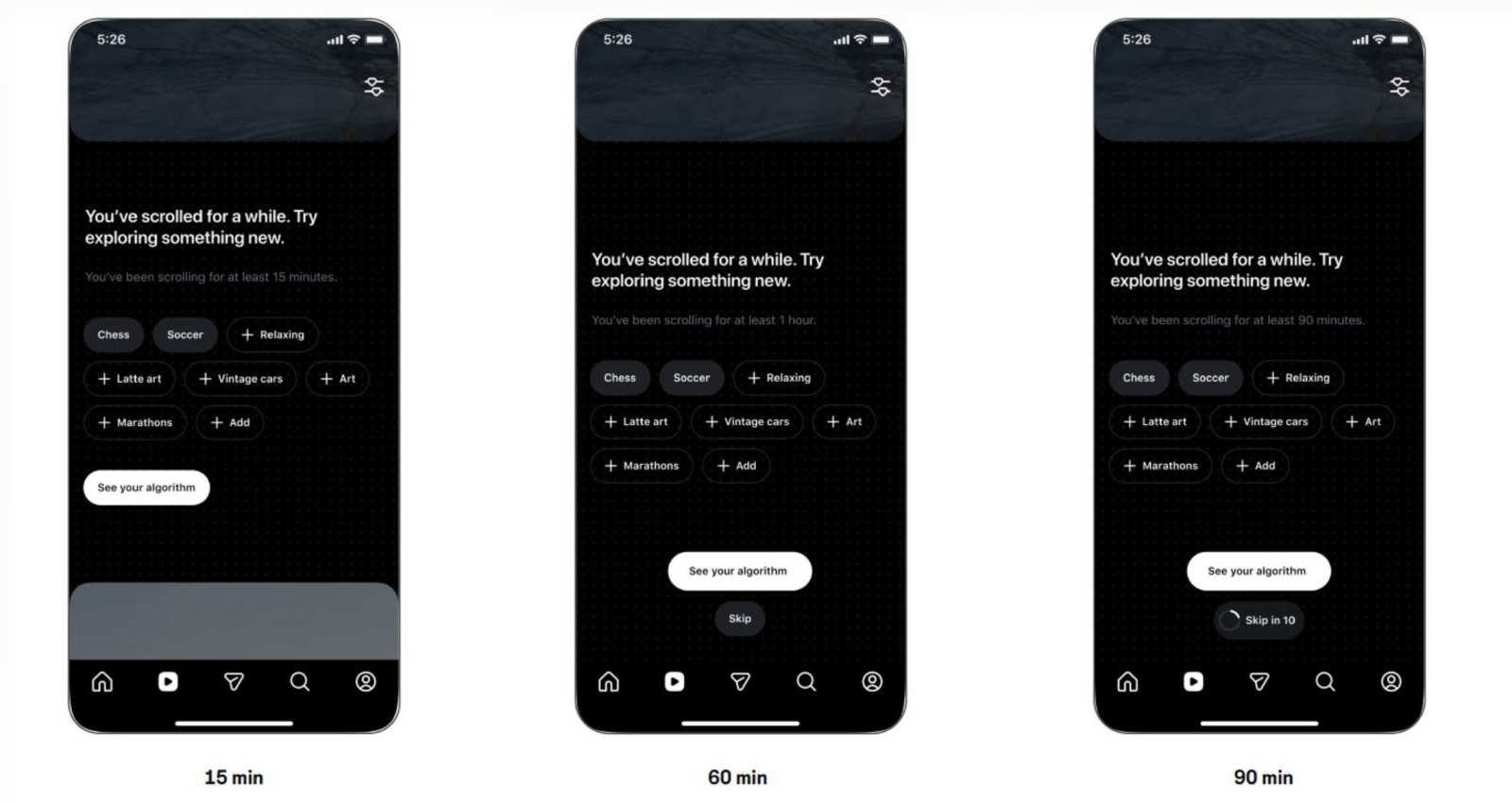 Here’s what Meta’s persistent notifications might look like every 15, 60, and 90 minutes of scrolling.