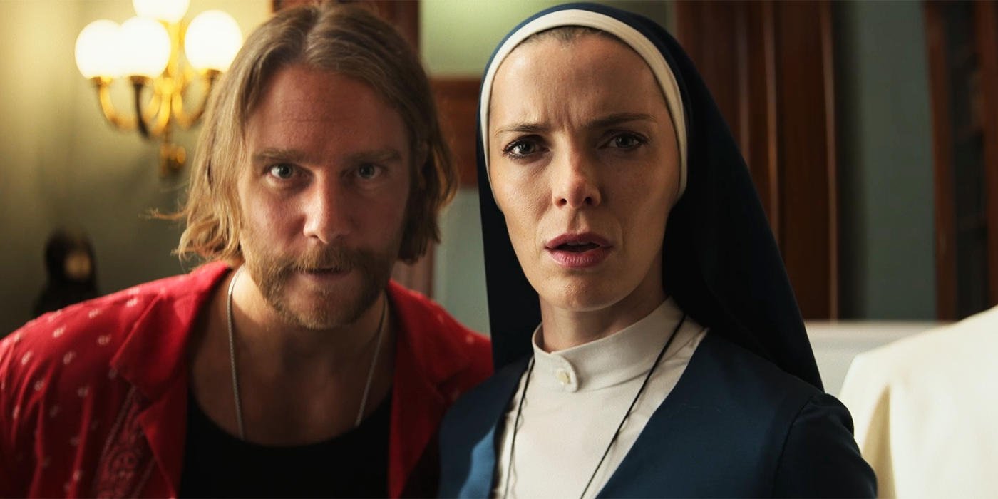 Mrs Davis episode 4 ending Betty Gilpin as Simone and Jake McDorman as Wiley looking into camera