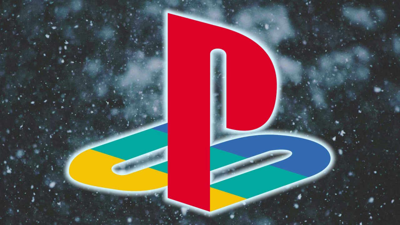A colorful PlayStation logo is superimposed over a dark snowy sky.