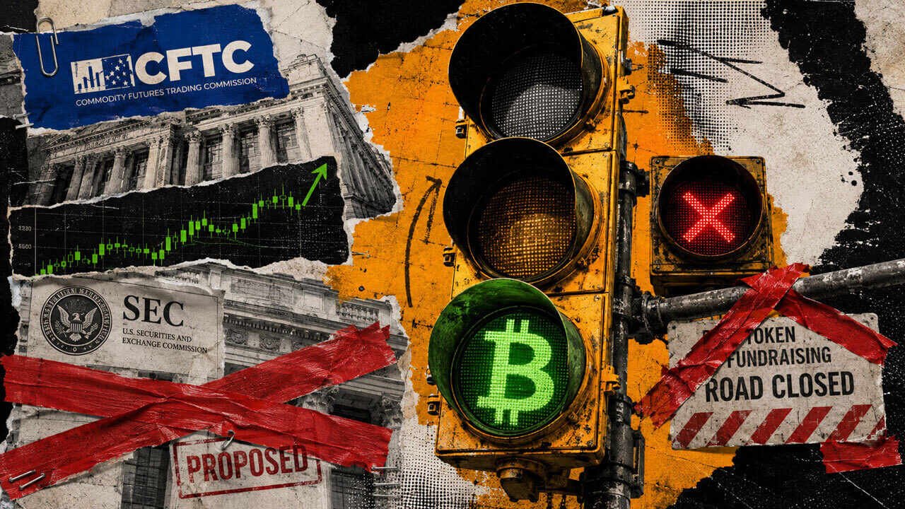 A green Bitcoin traffic signal shows regulated perpetual trading moving ahead as SEC token fundraising remains blocked.