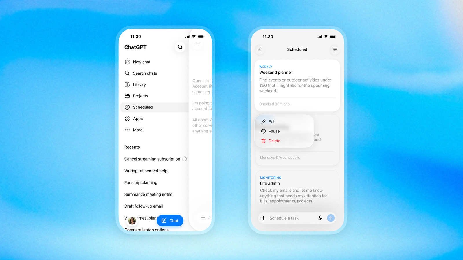 openai opens chatgpts revamped scheduling hub to free users Back in June, OpenAI carved out a dedicated sidebar slot for ChatGPT's prompt scheduling, largely as a way of signaling that the feature existed. Free-tier users never saw it.