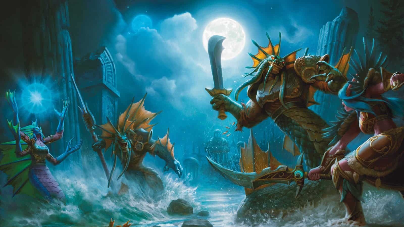 Palworld's TCG Has Been Out One Day and Scalpers Have Already Taken Over 29 An elf fights a group of naga in a ruined coastal city under the light of the moon in art from Dungeons & Dragons: World of Warcraft.