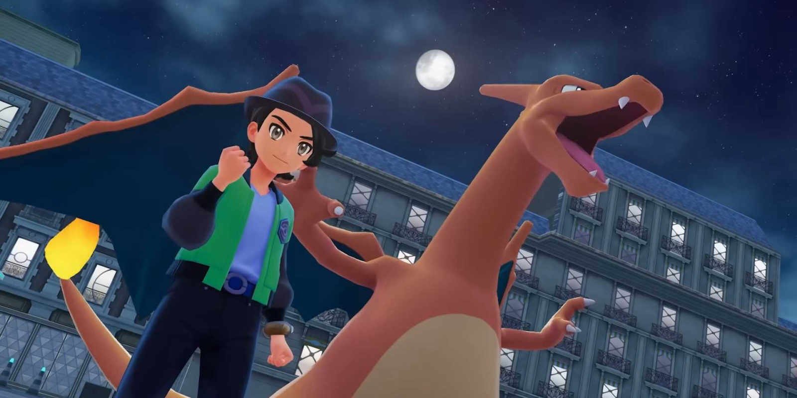An Alpha Charizard roars next to its Trainer in Pokemon Legends Z-A.