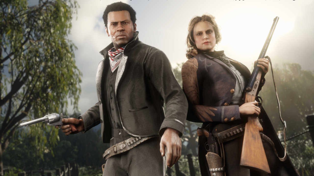 Image shows two outlaws in Red Dead Online