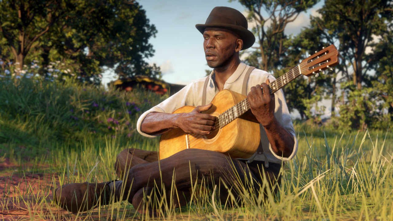 A character plays acoustic guitar in Red Dead Online