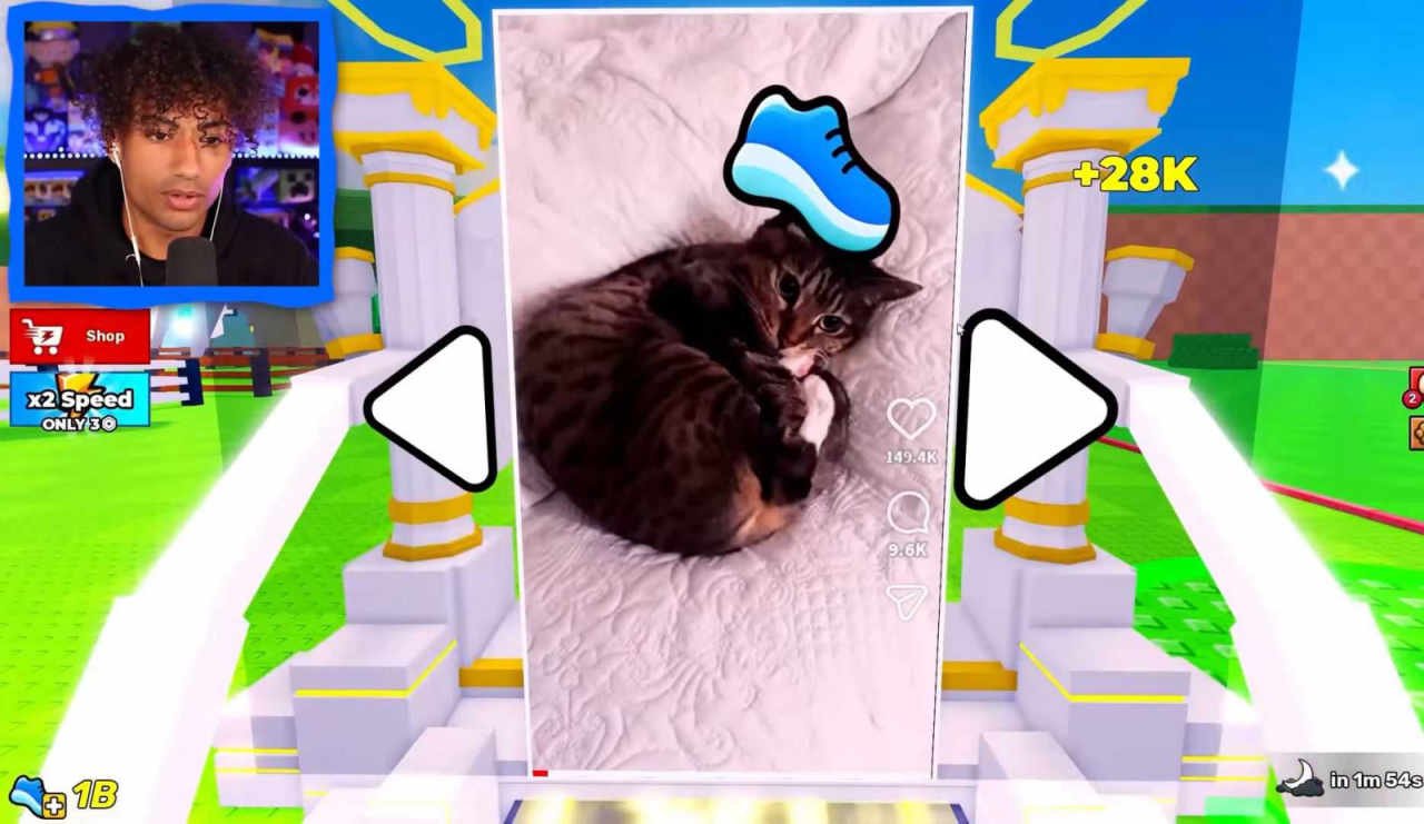 A screenshot of a YouTuber watching a TikTok feed via Roblox's number one game, Steal and Egg.