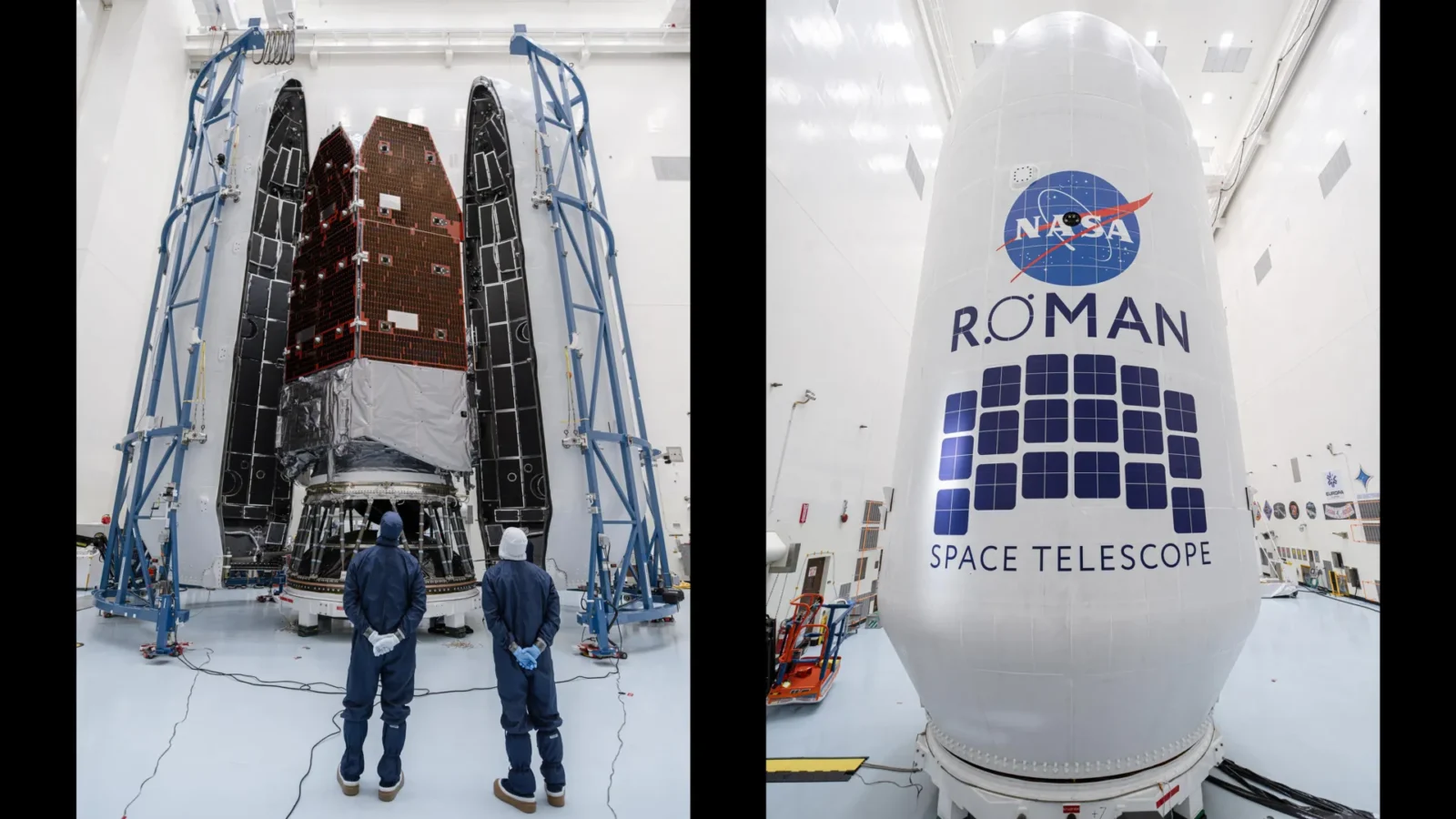 roman space telescope buttoned up inside falcon heavy fairing ahead of aug 30 launch NASA's Nancy Grace Roman Space Telescope vanished behind closed doors on Aug. 21. Inside the Payload Hazardous Servicing Facility at Kennedy Space Center in Florida, crews sealed a 43-foot shell around the observatory — and barring a serious setback, no one will lay eyes on it again.