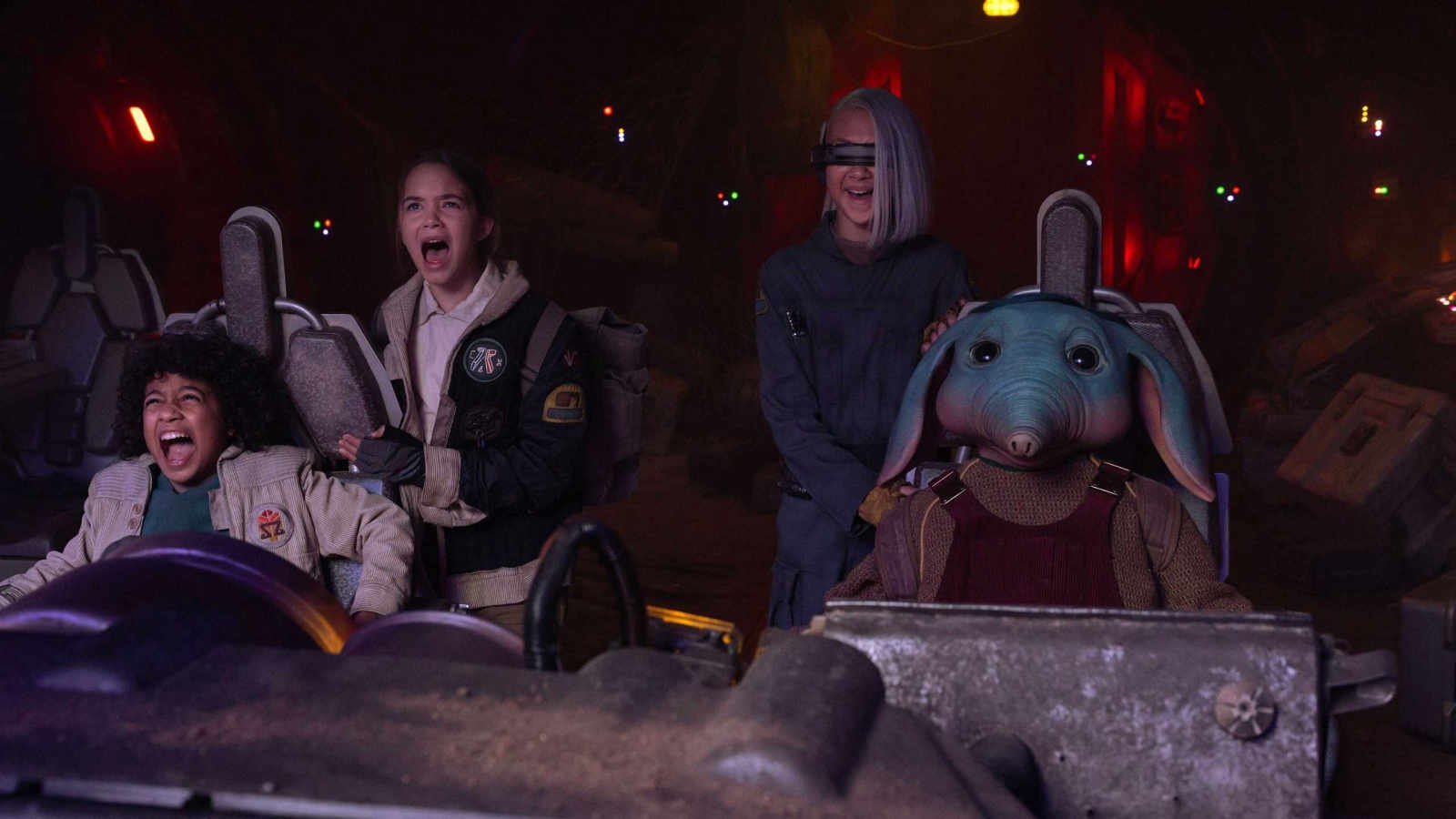 Neel, Wim, KB, and Fern aboard the Onyx Cinder in Star Wars Skeleton Crew