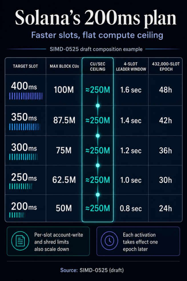 Infographic showing SIMD-0525 slot targets from 400ms to 200ms, declining per-slot CU limits, leader windows and epoch durations, while the theoretical ceiling remains about 250 million CUs per second.