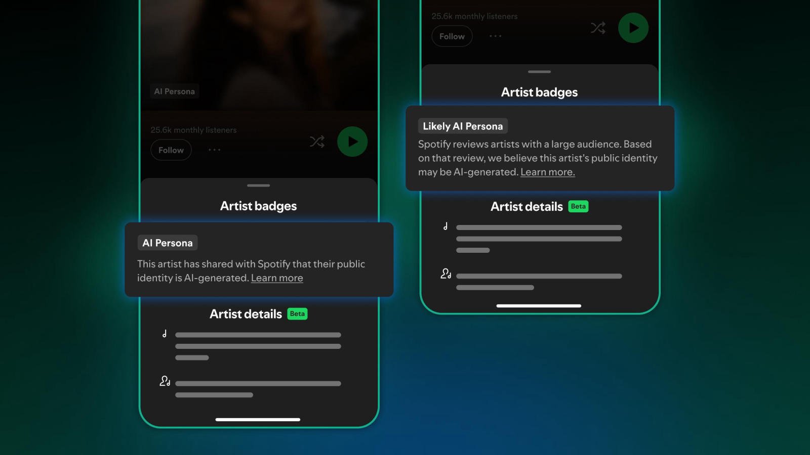 Spotify will apply a &ldquo;Likely AI Persona&rdquo; badge for suspected AI artists.