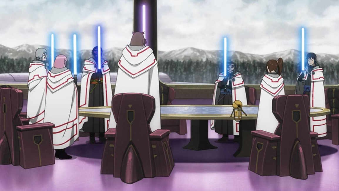 The new Jedi Council raising their lightsabers around a table at the end of The Ninth Jedi episode 8