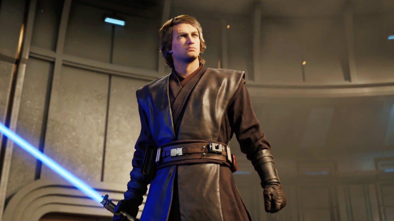 Anakin ignites a blue lightsaber in Star Wars Zero Company