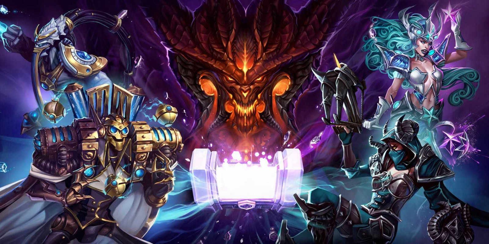 Multiple characters from Heroes of the Storm surround a glowing chest