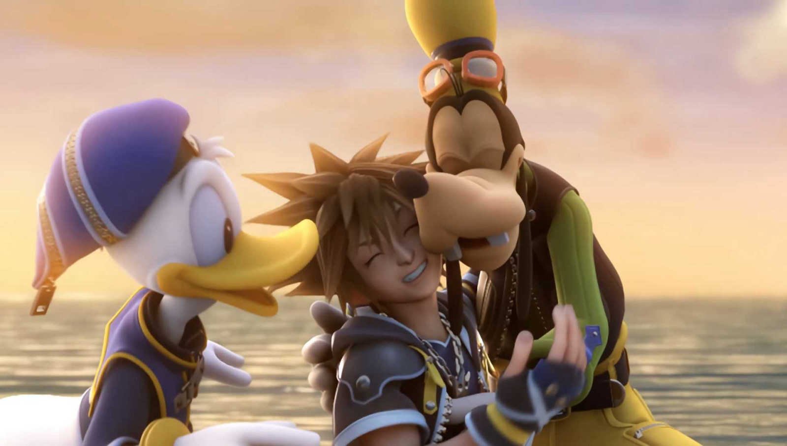 Sora, Goofy, and Donald hugging in the water of a beach in Kingdom Hearts 2