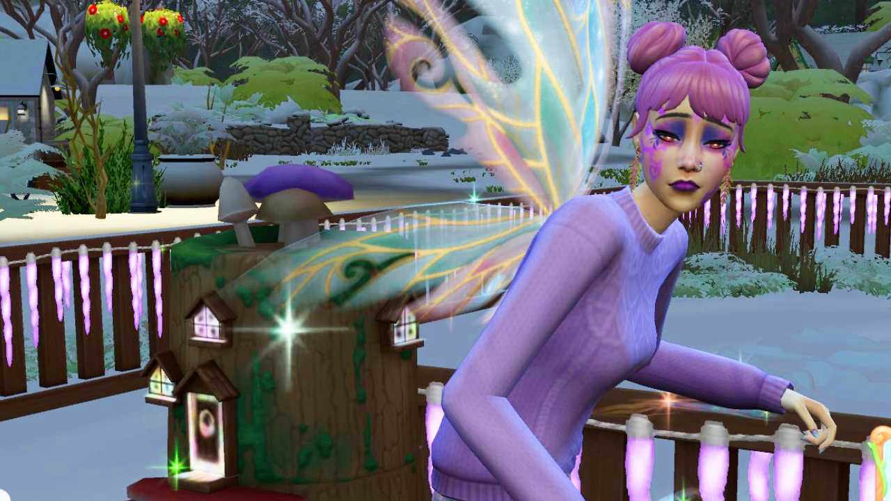 A fairy-Sim with pale skin, pink hair, pink eyes, and rainbow wings faces the camera, looking weary.