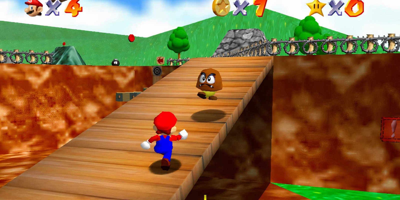 Mario running towards a Goomba in Super Mario 64.