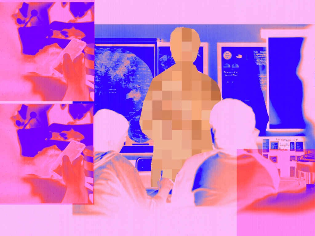 Photo collage of students in a classroom looking at a figure with pixellated skin and zoomed in shots of students...
