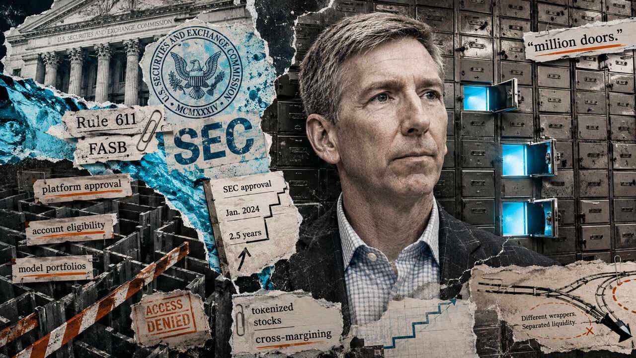 Matt Hougan stands before a wall of locked financial doors as SEC rules open only a few paths for broader crypto adoption.