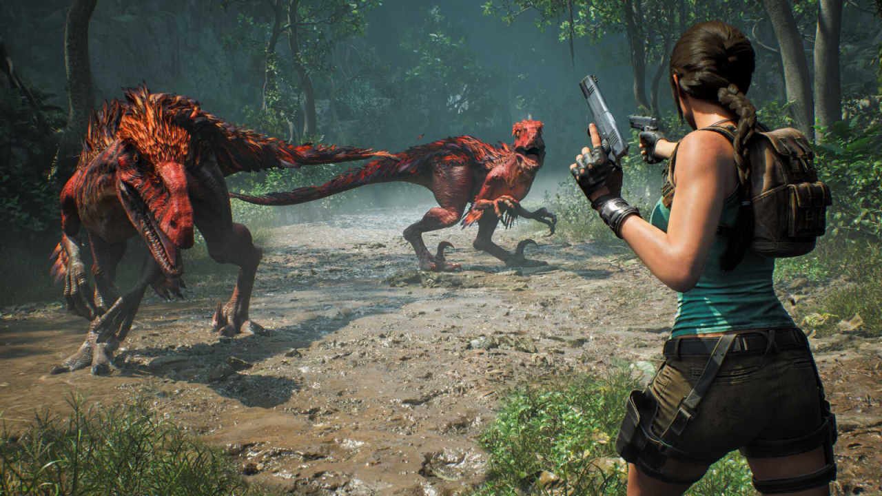 Dinosaurs circle Lara Croft in Tomb Raider: Legacy of Atlantis.