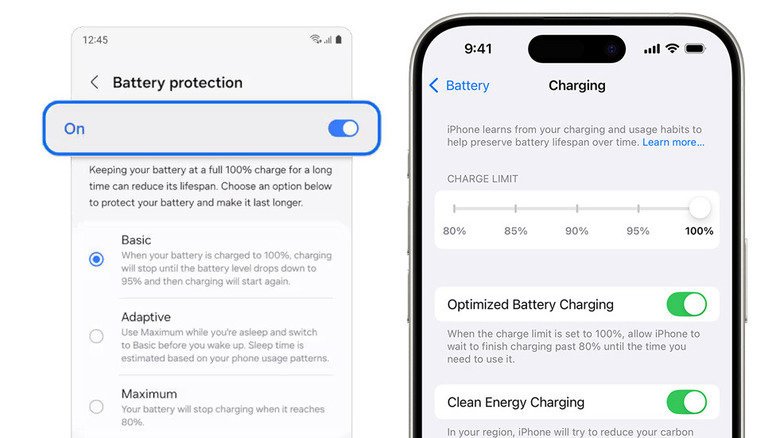 Screenshots showing battery protection / optimization settings on a Samsung phone (left) and iPhone
