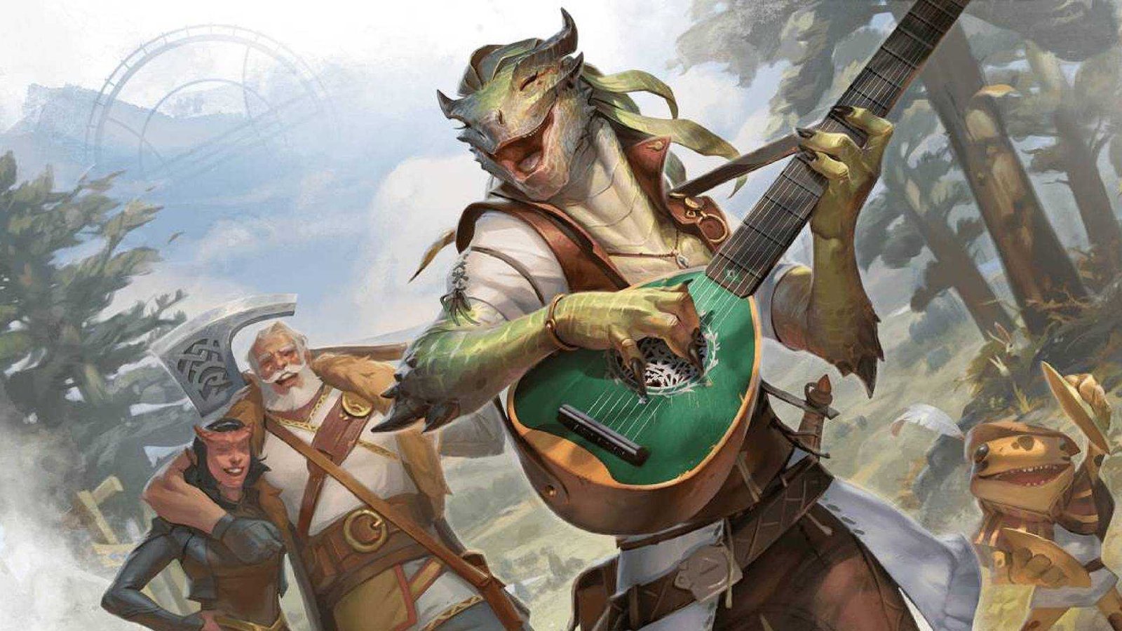 A dragon playing the lute in Dungeons and Dragon art.